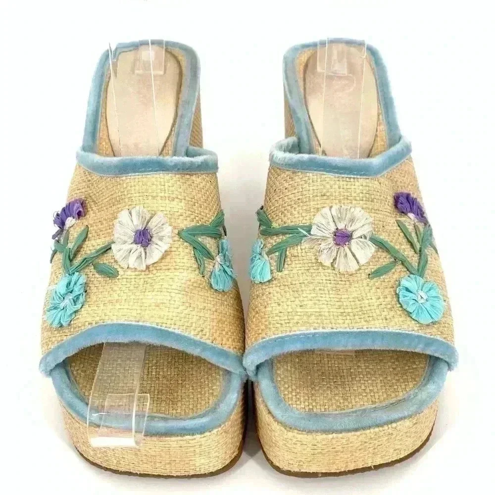 Vintage jute velvet floral platform wedges size 6 90s Y2k coastal granny